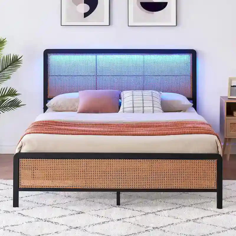 Modern Rattan Platform Bed Frame with Headboard LED light