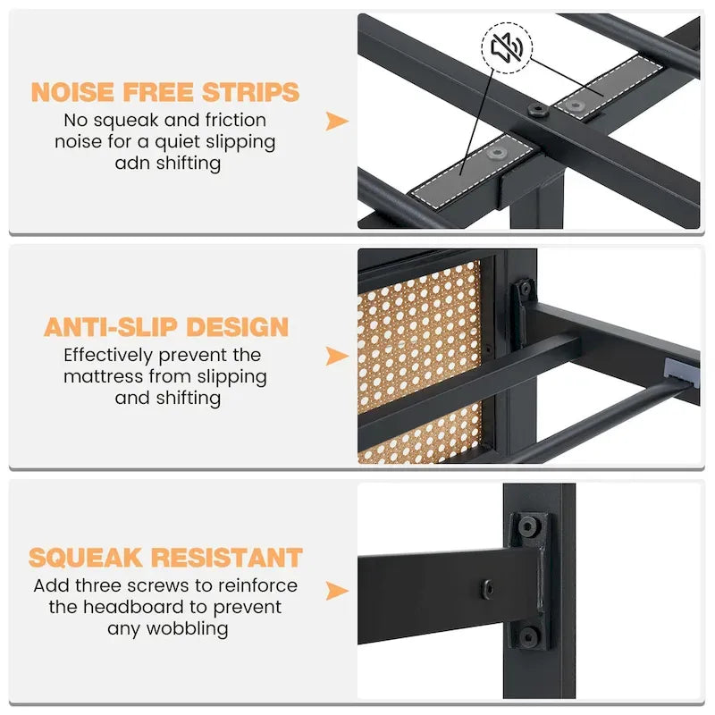 Modern Rattan Platform Bed Frame with Headboard LED light