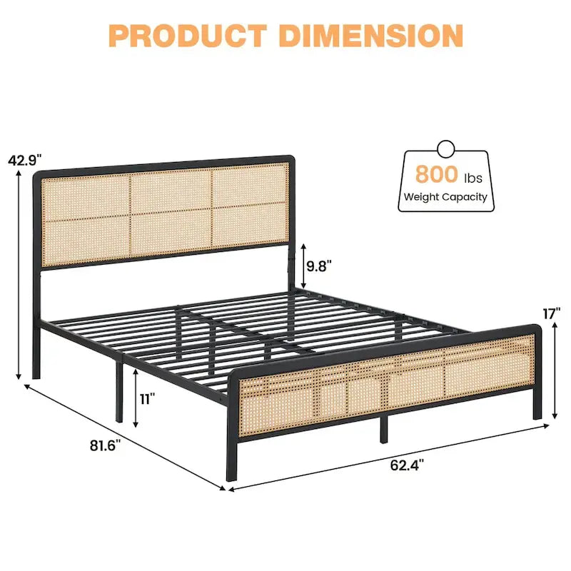 Modern Rattan Platform Bed Frame with Headboard LED light