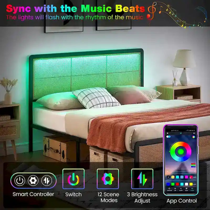 Modern Rattan Platform Bed Frame with Headboard LED light