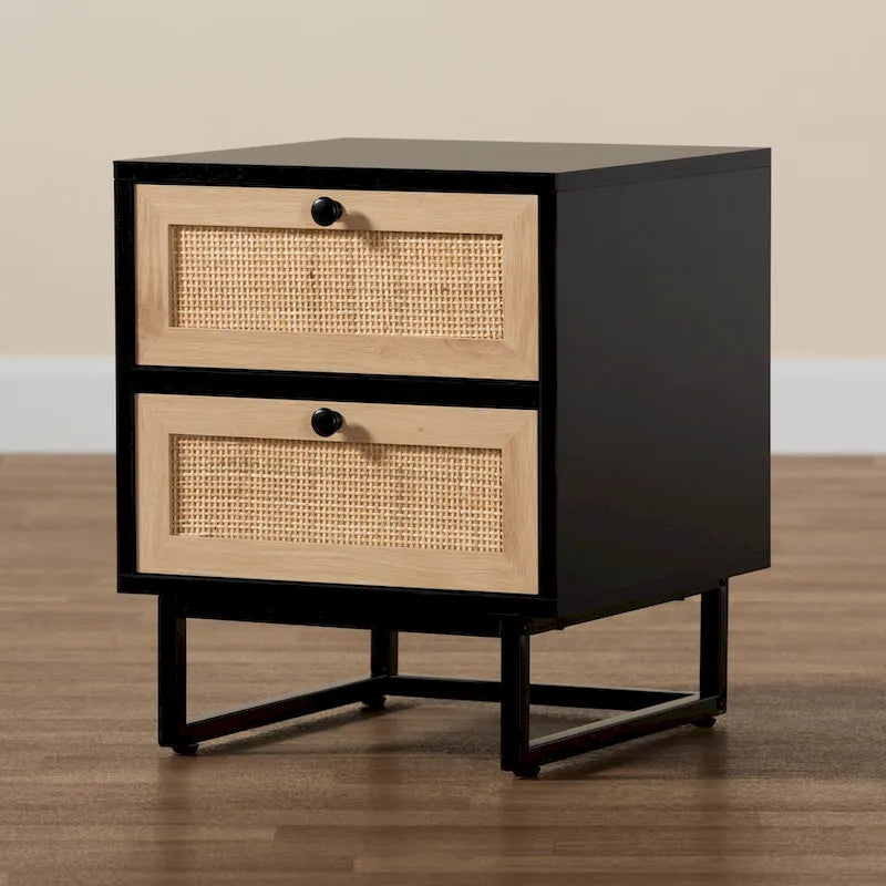Baxton Studio Declan Mid-Century Modern Espresso Brown Finished Wood and Natural Rattan 2-Drawer End Table