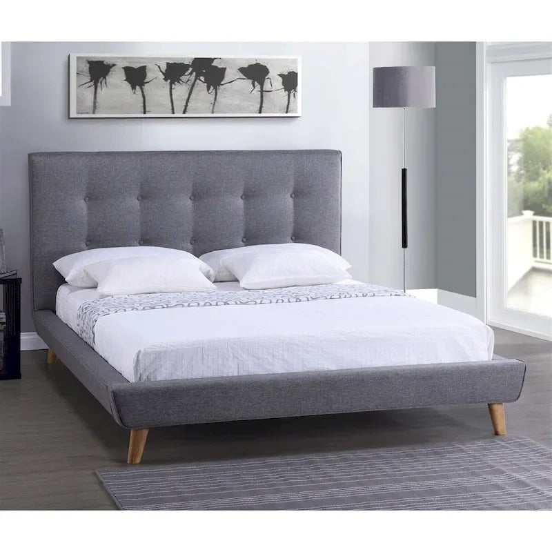 Full size Modern Grey Linen Upholstered Platform Bed with Button Tufted Headboard