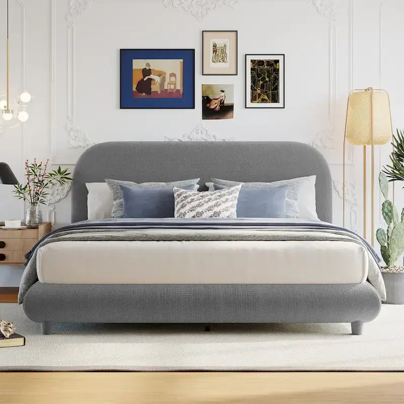 Teddy Fleece Queen Size Upholstered Platform Bed with Thick Fabric