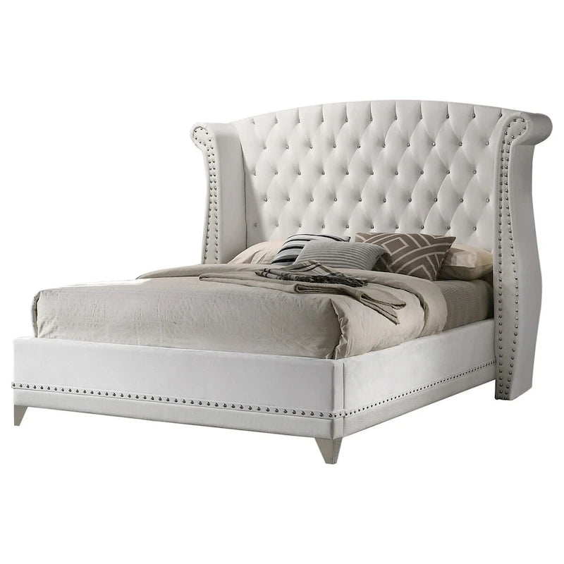 Dini California King Bed, Crystal Button Tufting, White Velvet Upholstery