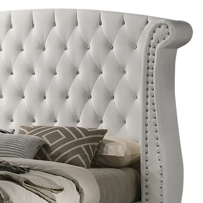 Dini California King Bed, Crystal Button Tufting, White Velvet Upholstery