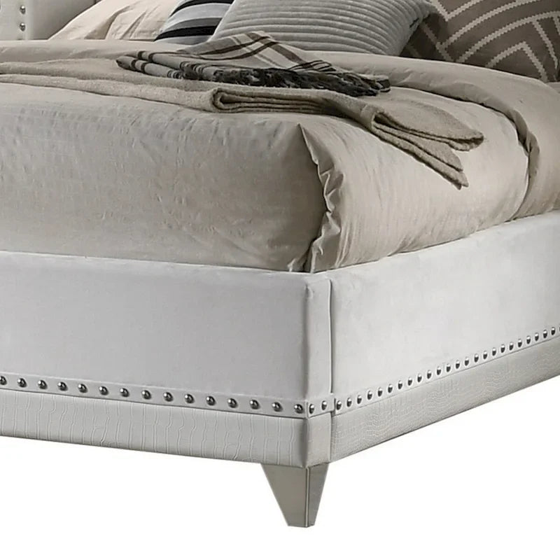 Dini California King Bed, Crystal Button Tufting, White Velvet Upholstery