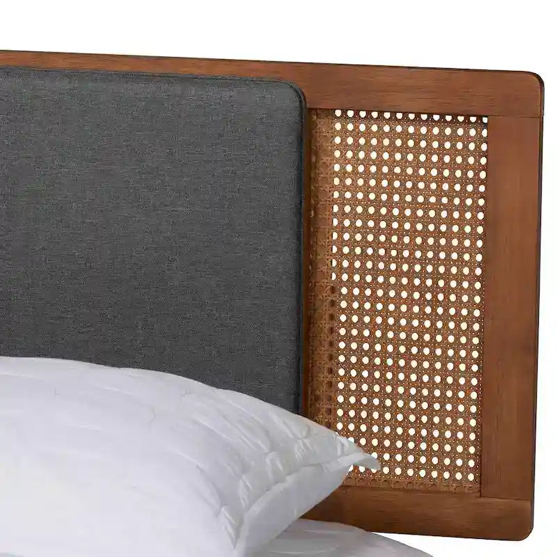 Eliseo Mid-Century Modern Dark Grey Fabric and Walnut Brown Finished Wood Platform Bed