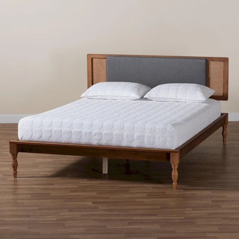 Eliseo Mid-Century Modern Dark Grey Fabric and Walnut Brown Finished Wood Platform Bed