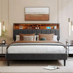 Modern Bed Frame with Charging Station and Storage Upholstered Linen Headboard, No Box Spring Needed, Platform Bed Frame