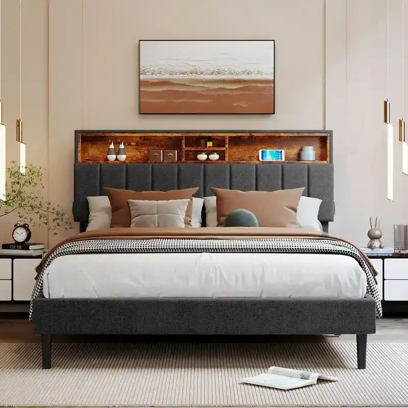 Modern Bed Frame with Charging Station and Storage Upholstered Linen Headboard, No Box Spring Needed, Platform Bed Frame
