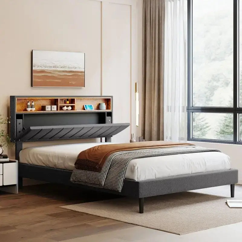 Modern Bed Frame with Charging Station and Storage Upholstered Linen Headboard, No Box Spring Needed, Platform Bed Frame