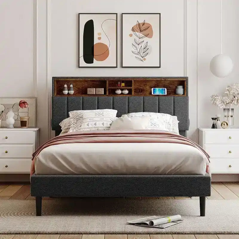 Modern Bed Frame with Charging Station and Storage Upholstered Linen Headboard, No Box Spring Needed, Platform Bed Frame