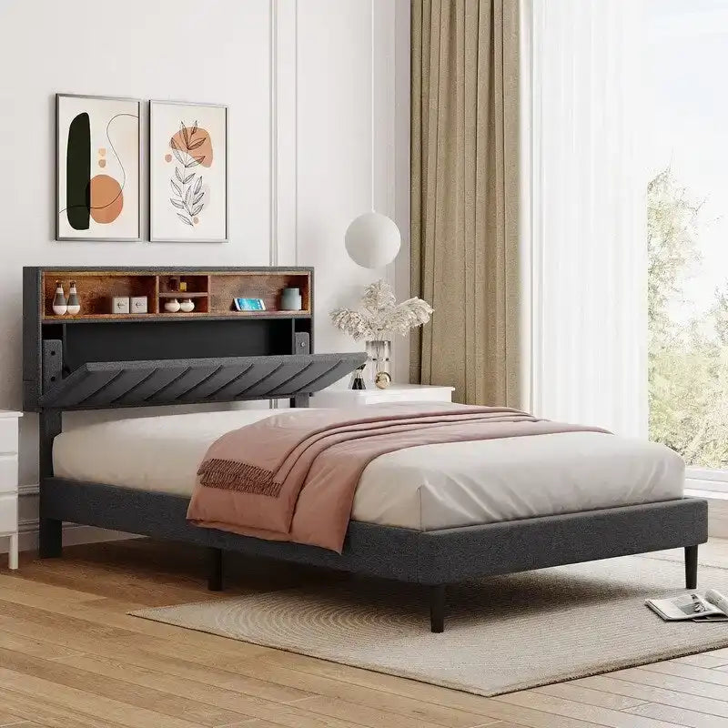 Modern Bed Frame with Charging Station and Storage Upholstered Linen Headboard, No Box Spring Needed, Platform Bed Frame