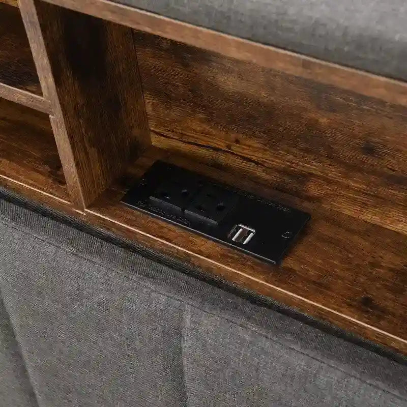 Modern Bed Frame with Charging Station and Storage Upholstered Linen Headboard, No Box Spring Needed, Platform Bed Frame