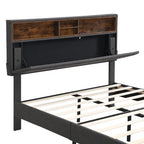 Modern Bed Frame with Charging Station and Storage Upholstered Linen Headboard, No Box Spring Needed, Platform Bed Frame
