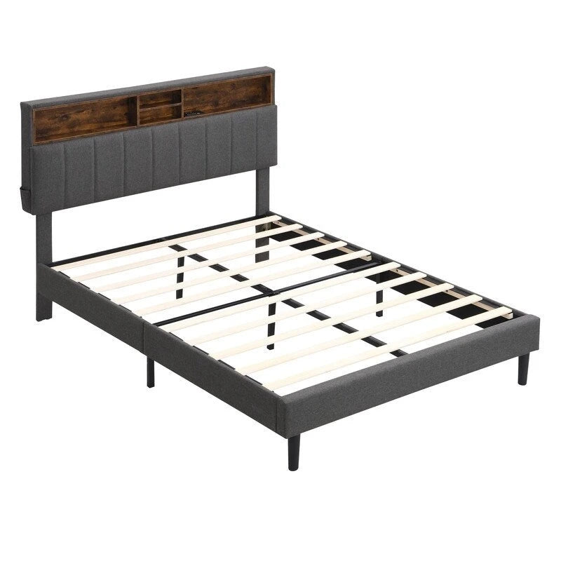 Modern Bed Frame with Charging Station and Storage Upholstered Linen Headboard, No Box Spring Needed, Platform Bed Frame