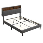 Modern Bed Frame with Charging Station and Storage Upholstered Linen Headboard, No Box Spring Needed, Platform Bed Frame