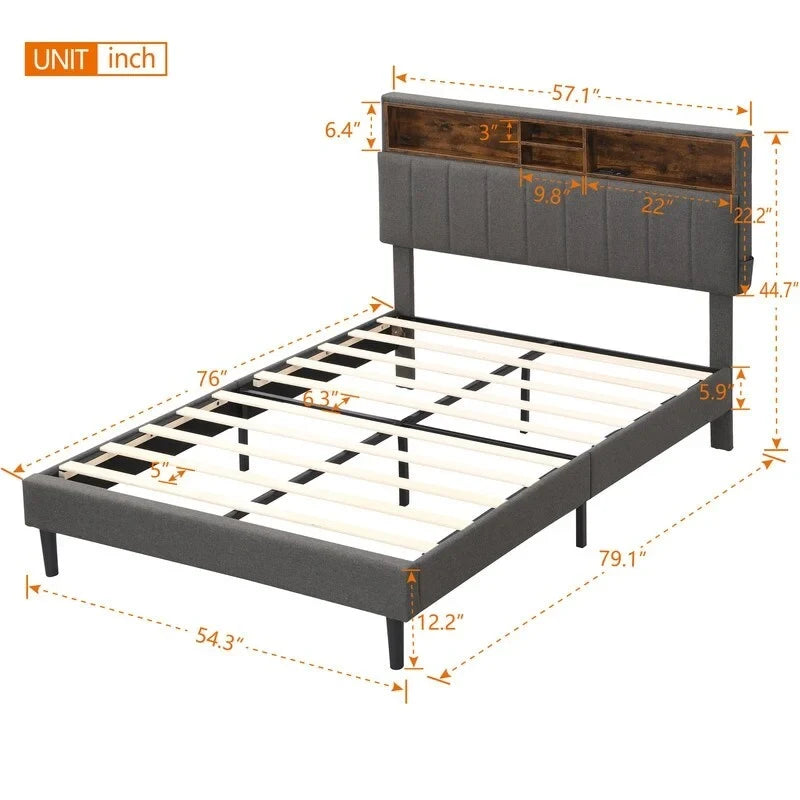 Modern Bed Frame with Charging Station and Storage Upholstered Linen Headboard, No Box Spring Needed, Platform Bed Frame