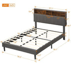 Modern Bed Frame with Charging Station and Storage Upholstered Linen Headboard, No Box Spring Needed, Platform Bed Frame