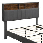 Modern Bed Frame with Charging Station and Storage Upholstered Linen Headboard, No Box Spring Needed, Platform Bed Frame