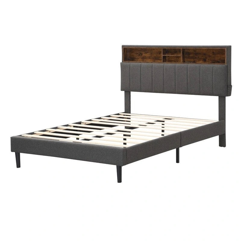Modern Bed Frame with Charging Station and Storage Upholstered Linen Headboard, No Box Spring Needed, Platform Bed Frame