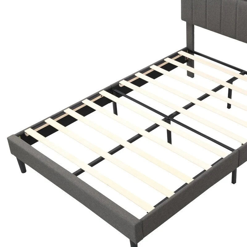 Modern Bed Frame with Charging Station and Storage Upholstered Linen Headboard, No Box Spring Needed, Platform Bed Frame