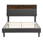 Modern Bed Frame with Charging Station and Storage Upholstered Linen Headboard, No Box Spring Needed, Platform Bed Frame
