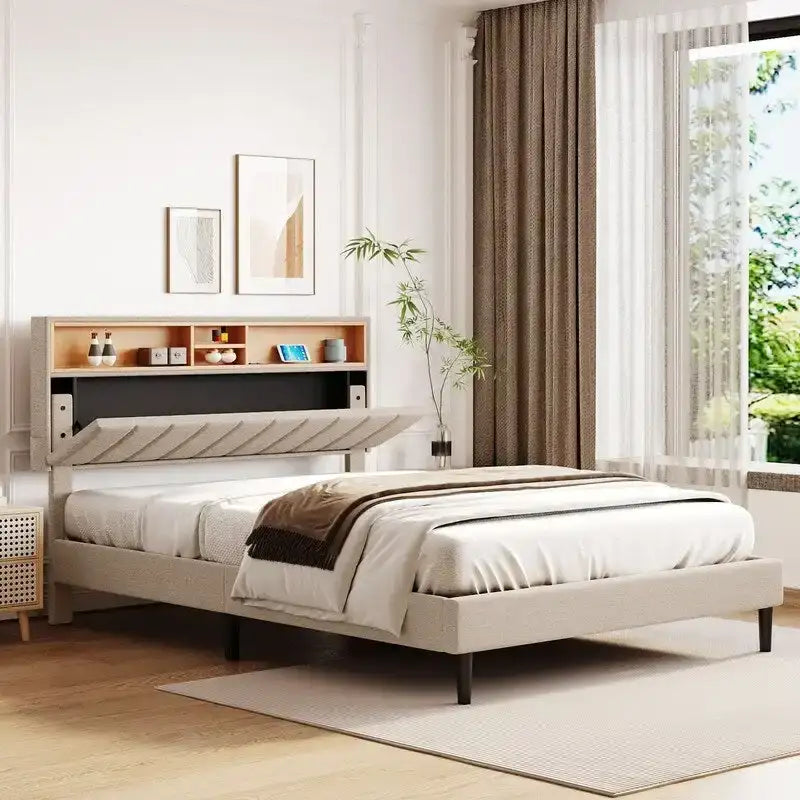Modern Bed Frame with Charging Station and Storage Upholstered Linen Headboard, No Box Spring Needed, Platform Bed Frame