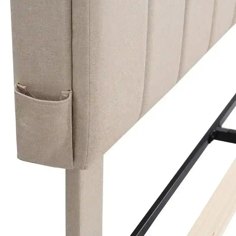 Modern Bed Frame with Charging Station and Storage Upholstered Linen Headboard, No Box Spring Needed, Platform Bed Frame