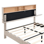 Modern Bed Frame with Charging Station and Storage Upholstered Linen Headboard, No Box Spring Needed, Platform Bed Frame