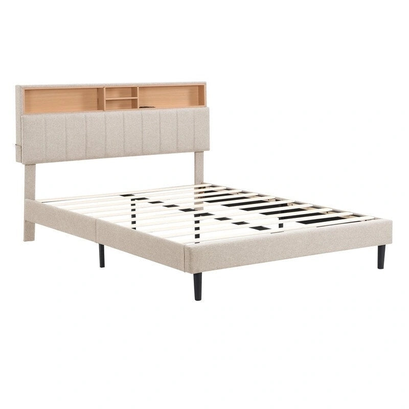 Modern Bed Frame with Charging Station and Storage Upholstered Linen Headboard, No Box Spring Needed, Platform Bed Frame