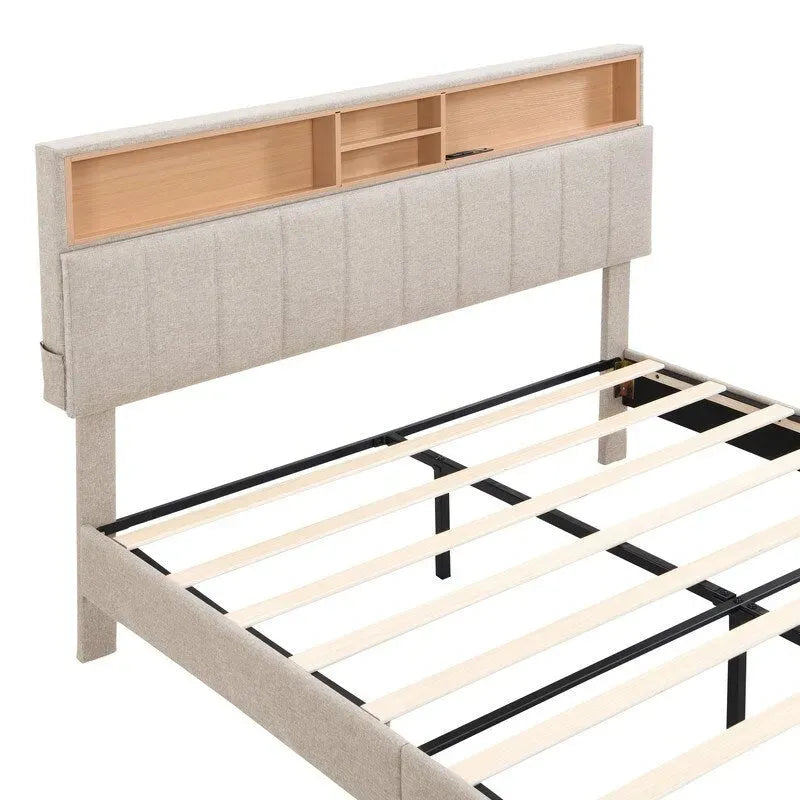 Modern Bed Frame with Charging Station and Storage Upholstered Linen Headboard, No Box Spring Needed, Platform Bed Frame