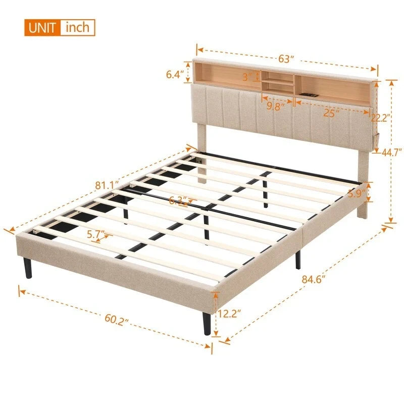 Modern Bed Frame with Charging Station and Storage Upholstered Linen Headboard, No Box Spring Needed, Platform Bed Frame