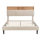 Modern Bed Frame with Charging Station and Storage Upholstered Linen Headboard, No Box Spring Needed, Platform Bed Frame
