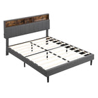 Modern Bed Frame with Charging Station and Storage Upholstered Linen Headboard, No Box Spring Needed, Platform Bed Frame