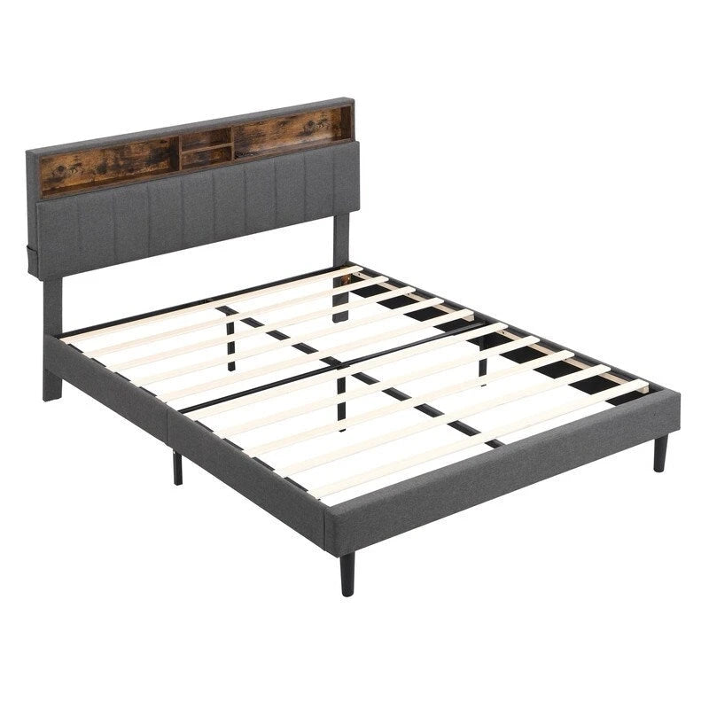 Modern Bed Frame with Charging Station and Storage Upholstered Linen Headboard, No Box Spring Needed, Platform Bed Frame