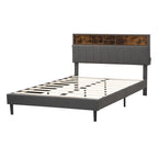 Modern Bed Frame with Charging Station and Storage Upholstered Linen Headboard, No Box Spring Needed, Platform Bed Frame