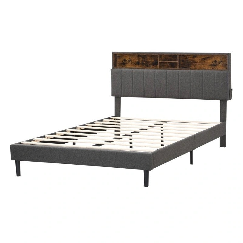 Modern Bed Frame with Charging Station and Storage Upholstered Linen Headboard, No Box Spring Needed, Platform Bed Frame