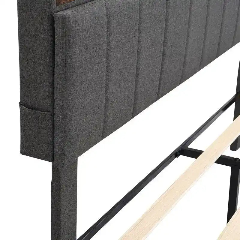 Modern Bed Frame with Charging Station and Storage Upholstered Linen Headboard, No Box Spring Needed, Platform Bed Frame