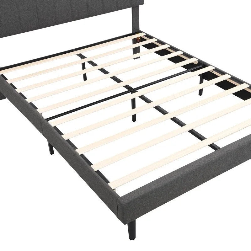 Modern Bed Frame with Charging Station and Storage Upholstered Linen Headboard, No Box Spring Needed, Platform Bed Frame