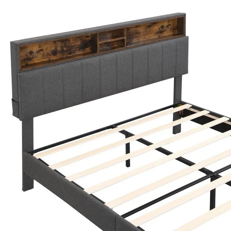 Modern Bed Frame with Charging Station and Storage Upholstered Linen Headboard, No Box Spring Needed, Platform Bed Frame