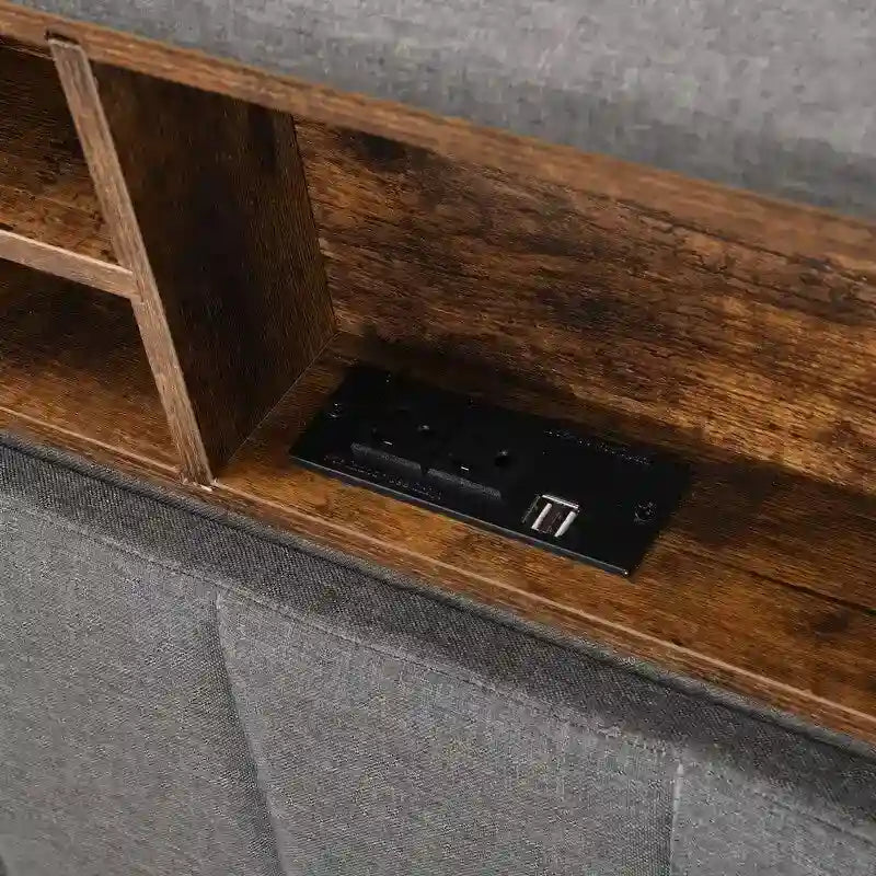 Modern Bed Frame with Charging Station and Storage Upholstered Linen Headboard, No Box Spring Needed, Platform Bed Frame