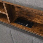 Modern Bed Frame with Charging Station and Storage Upholstered Linen Headboard, No Box Spring Needed, Platform Bed Frame