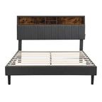 Modern Bed Frame with Charging Station and Storage Upholstered Linen Headboard, No Box Spring Needed, Platform Bed Frame