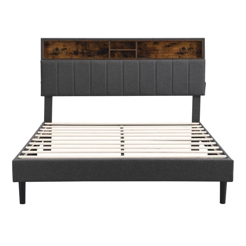 Modern Bed Frame with Charging Station and Storage Upholstered Linen Headboard, No Box Spring Needed, Platform Bed Frame