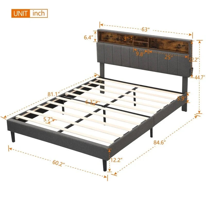 Modern Bed Frame with Charging Station and Storage Upholstered Linen Headboard, No Box Spring Needed, Platform Bed Frame