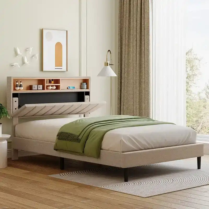 Modern Bed Frame with Charging Station and Storage Upholstered Linen Headboard, No Box Spring Needed, Platform Bed Frame