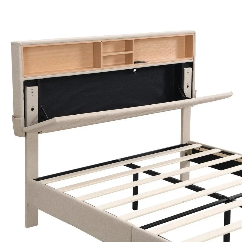Modern Bed Frame with Charging Station and Storage Upholstered Linen Headboard, No Box Spring Needed, Platform Bed Frame