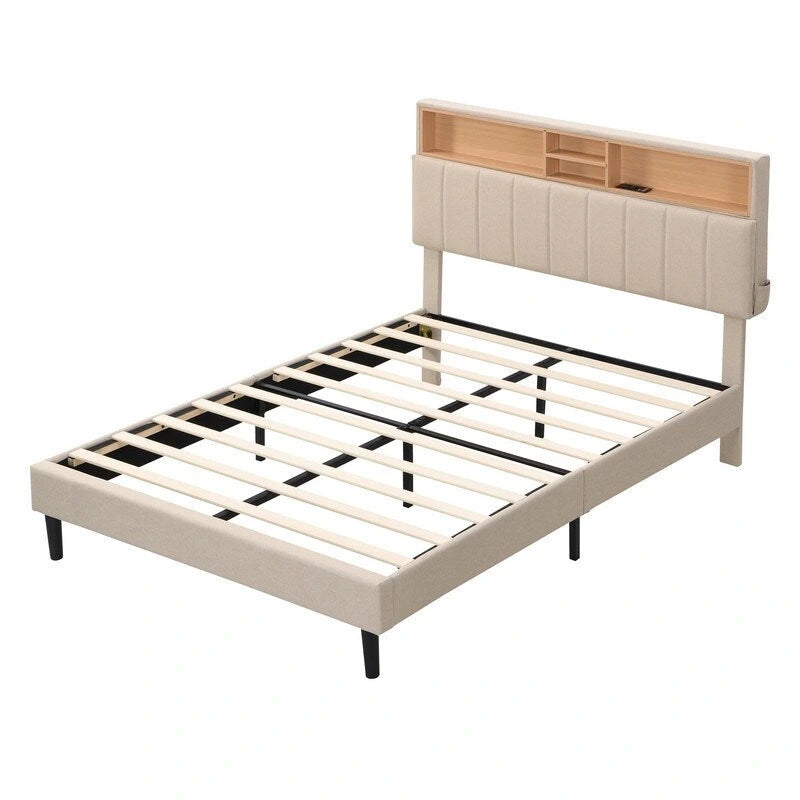 Modern Bed Frame with Charging Station and Storage Upholstered Linen Headboard, No Box Spring Needed, Platform Bed Frame