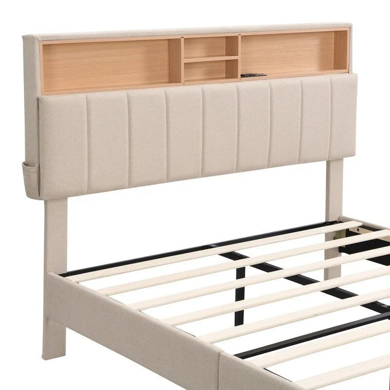 Modern Bed Frame with Charging Station and Storage Upholstered Linen Headboard, No Box Spring Needed, Platform Bed Frame